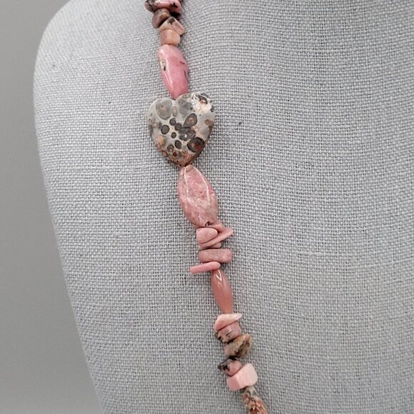 Hand Crafted Leopard Skin Jasper Pendant Necklace Rhodonite Chips Barrel Close - Picture 7 of 9